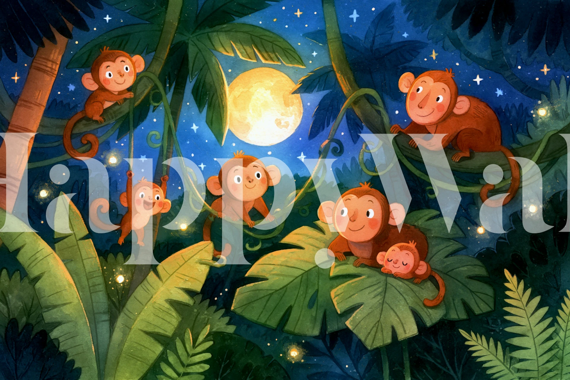 Tropical Night Monkey Family wallpaper