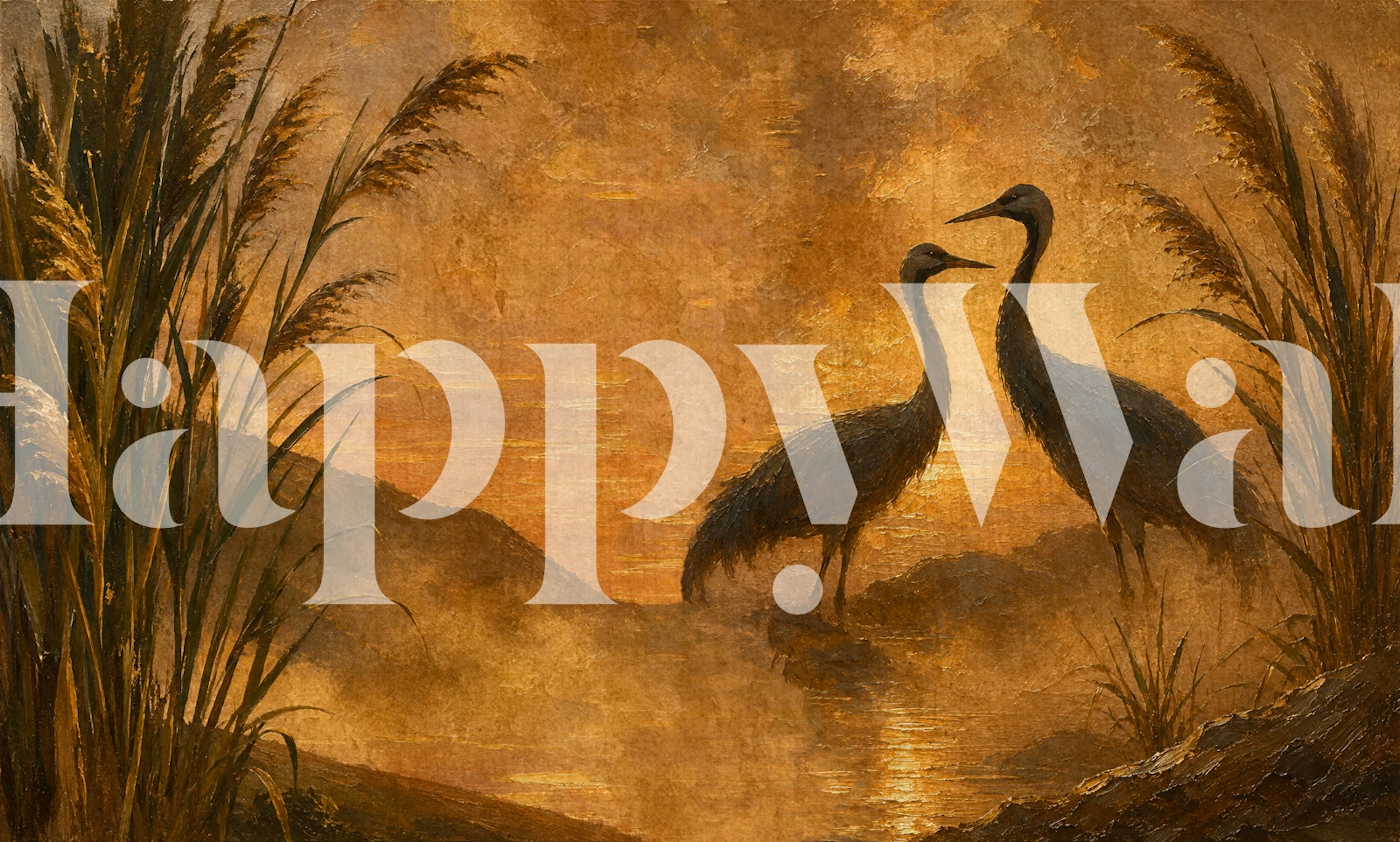 Golden Cranes Landscape Mural tapet