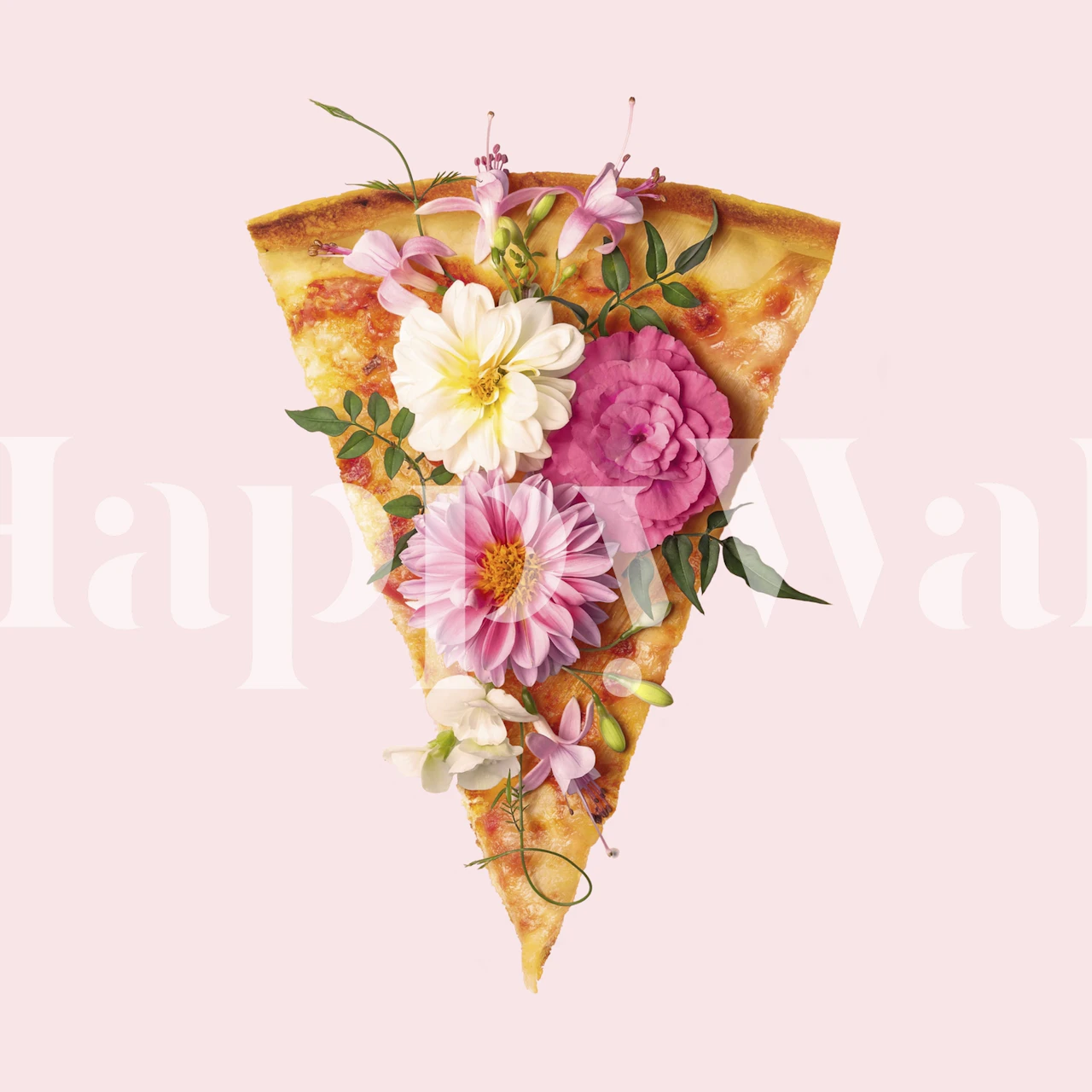 Pizza slice topped with colorful flowers on pink background wallpaper