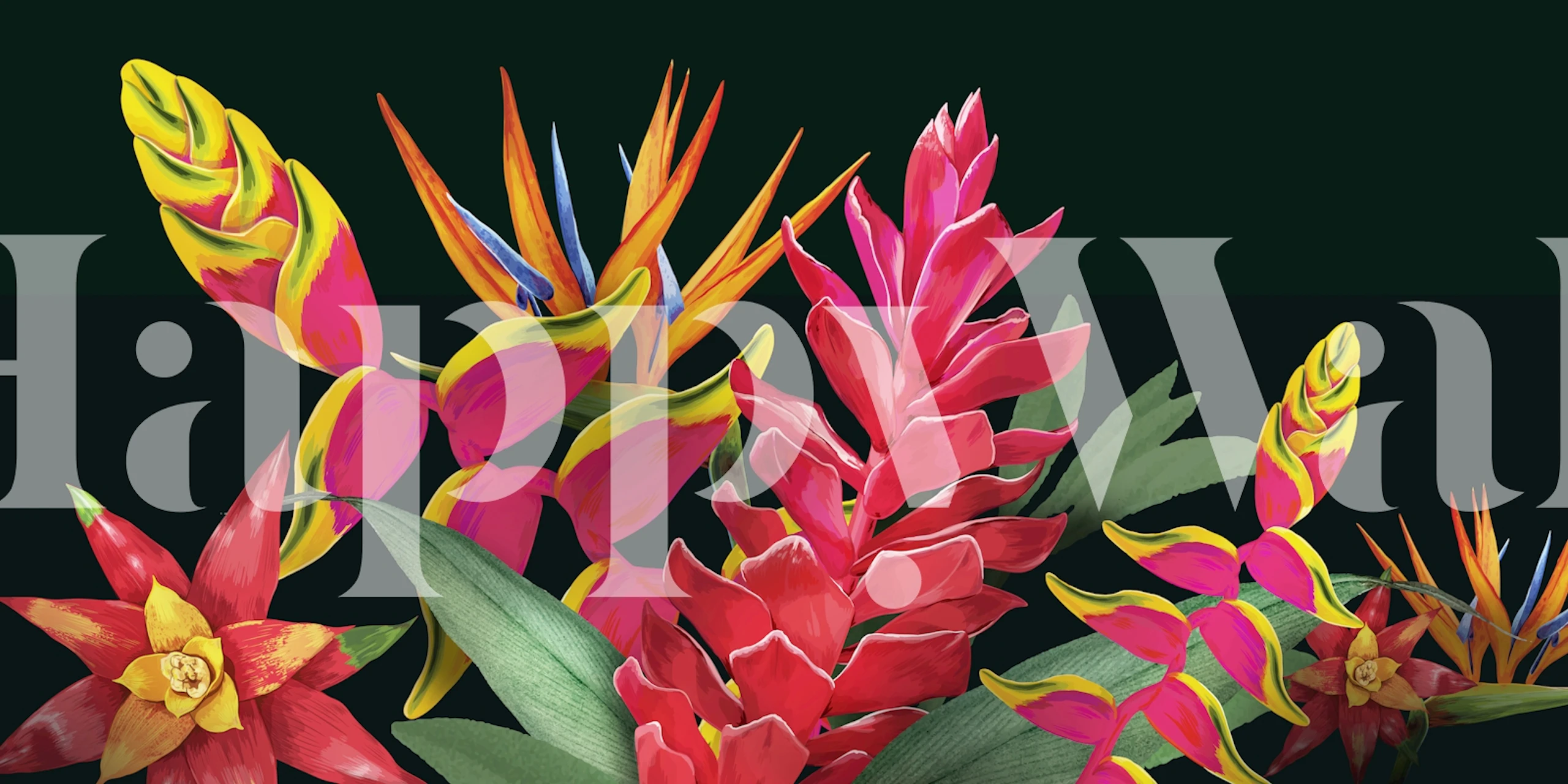 Tropical flower wallpaper in a dark room