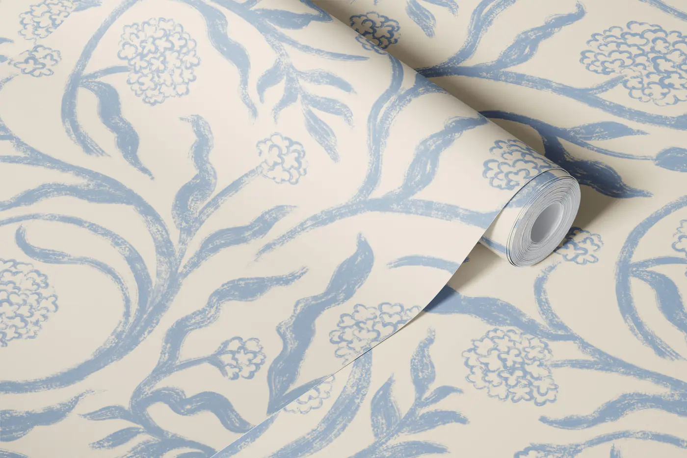 Soft hydrangea trailing floral vine calm blue wallpaper roll