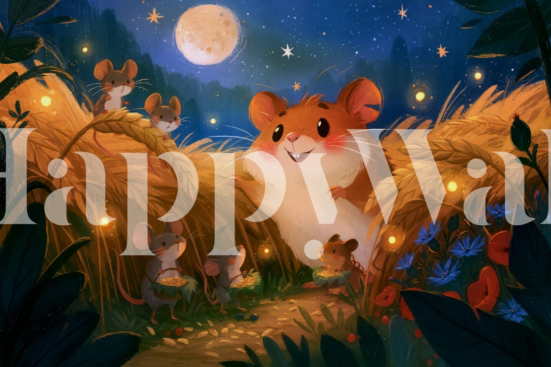 Field mice wallpaper in a cozy moonlit room
