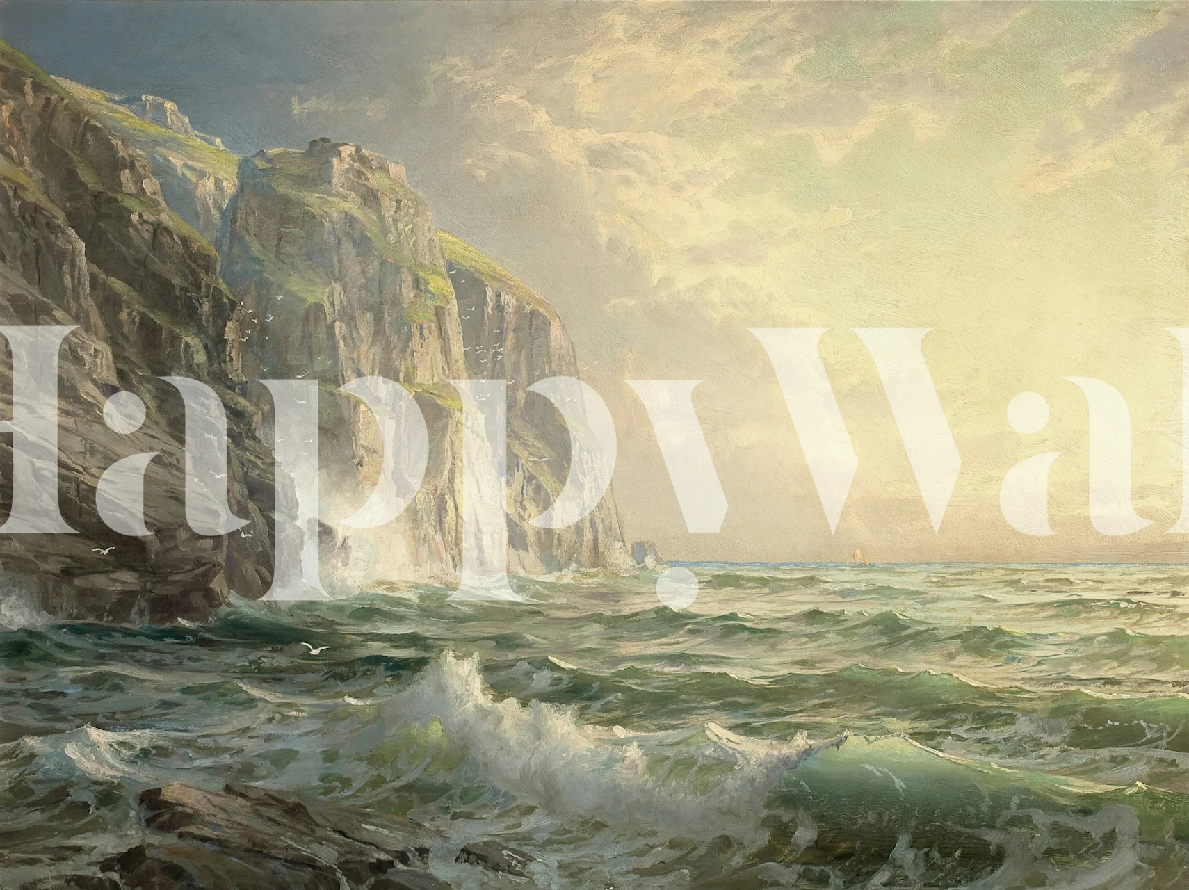 Sea cliffs wallpaper in a sunlit room