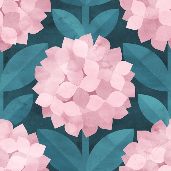 Mod Hydrangea Floral in Pink on Teal - medium