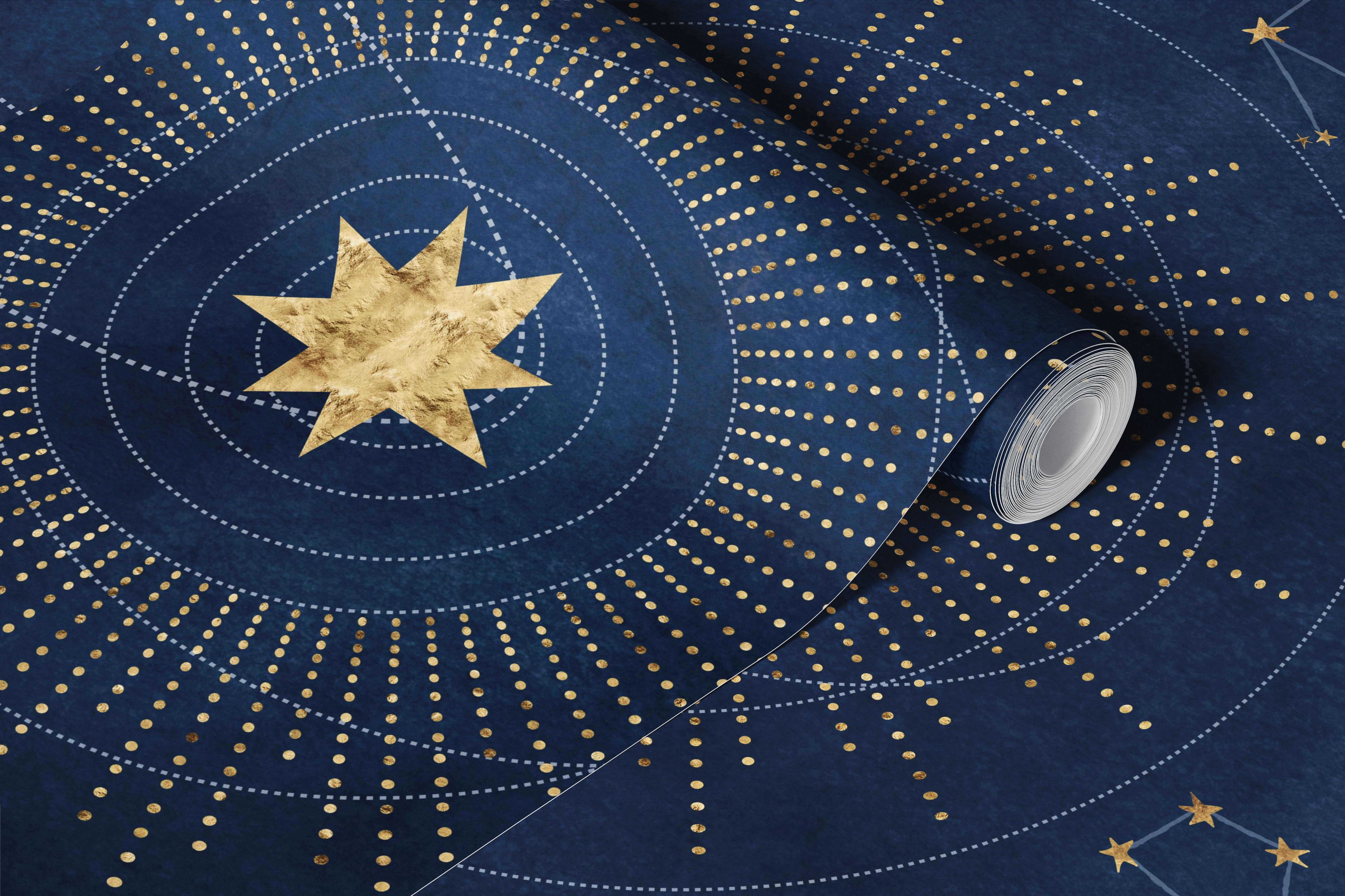 Cobalt zodiac wheel wallpaper in a blue room