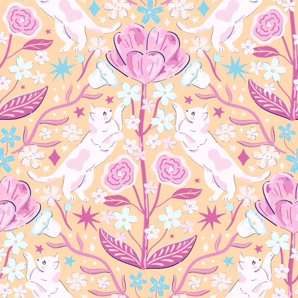 Playful Cats Sunshine Yellow Damask