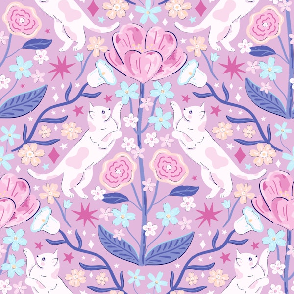 Playful Cats Lavender Damask