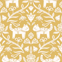 Dala Cats Scandi Folk Damask Mustard Gold wallpaper