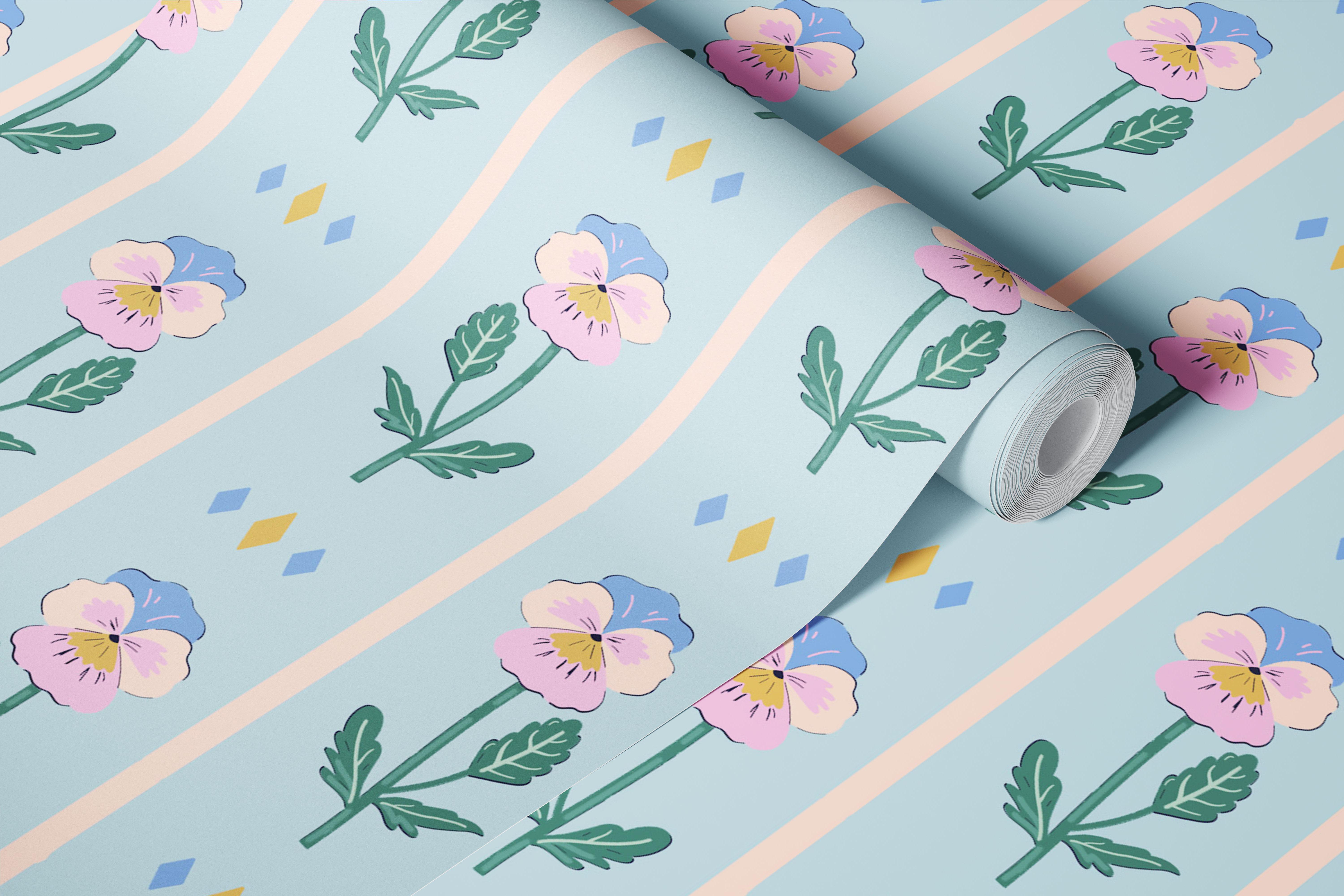 Tiny pansy floral wallpaper in a pastel room