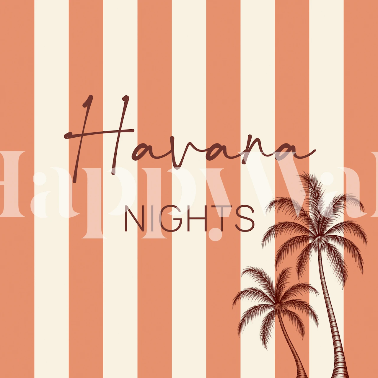 Coral striped palm tree wallpaper in a room