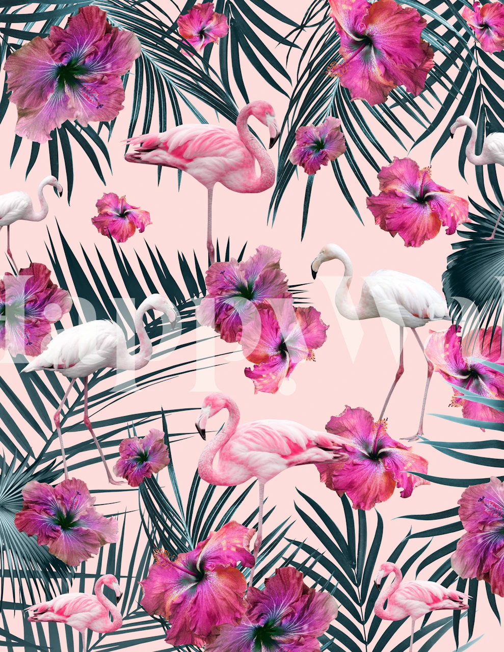 Pink flamingos and hibiscus on a tropical-themed wall mural