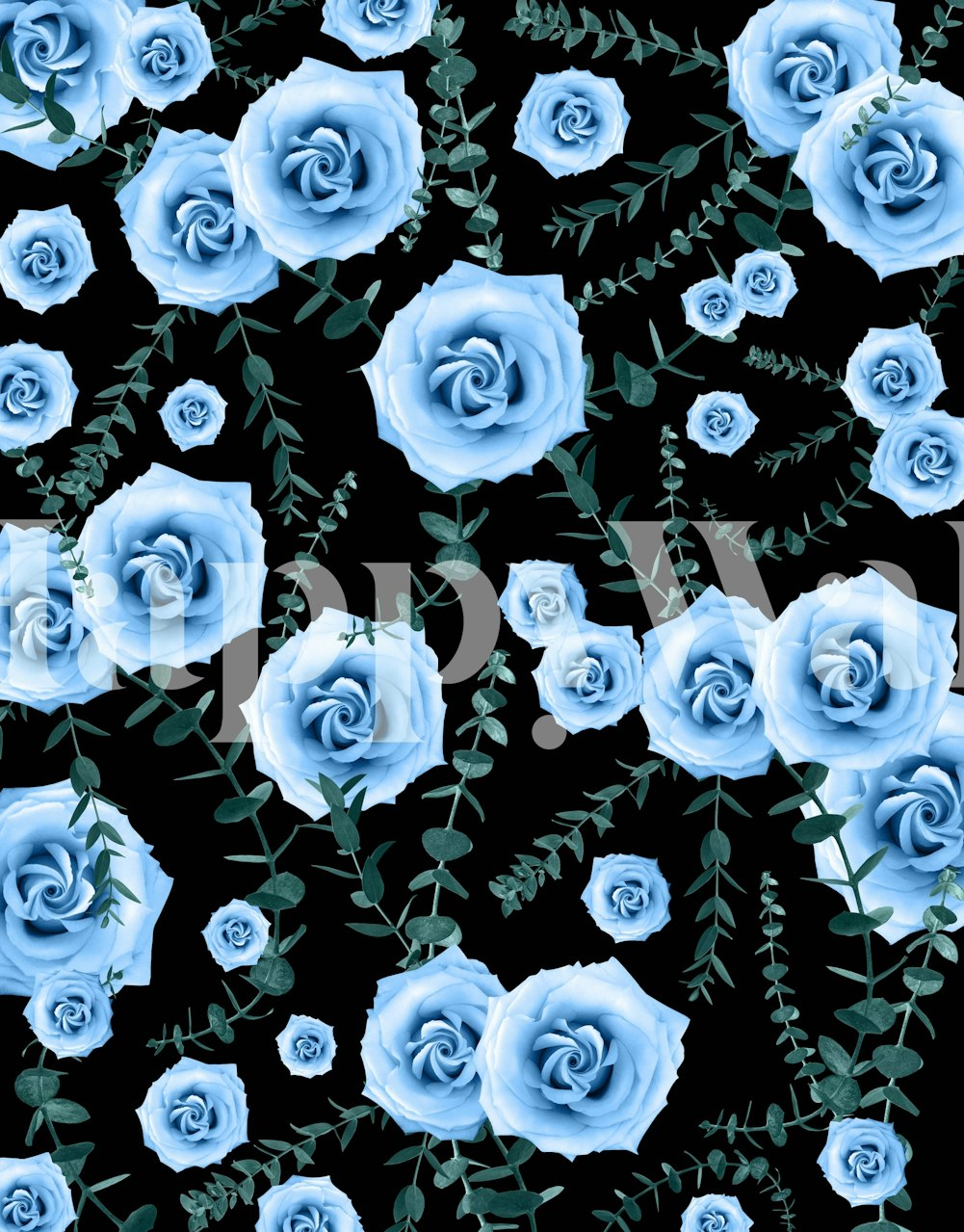 Wallpaper featuring blue roses and eucalyptus
