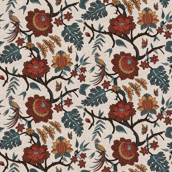 Oak Leaf Chintz in Spice Red & Moss Teal