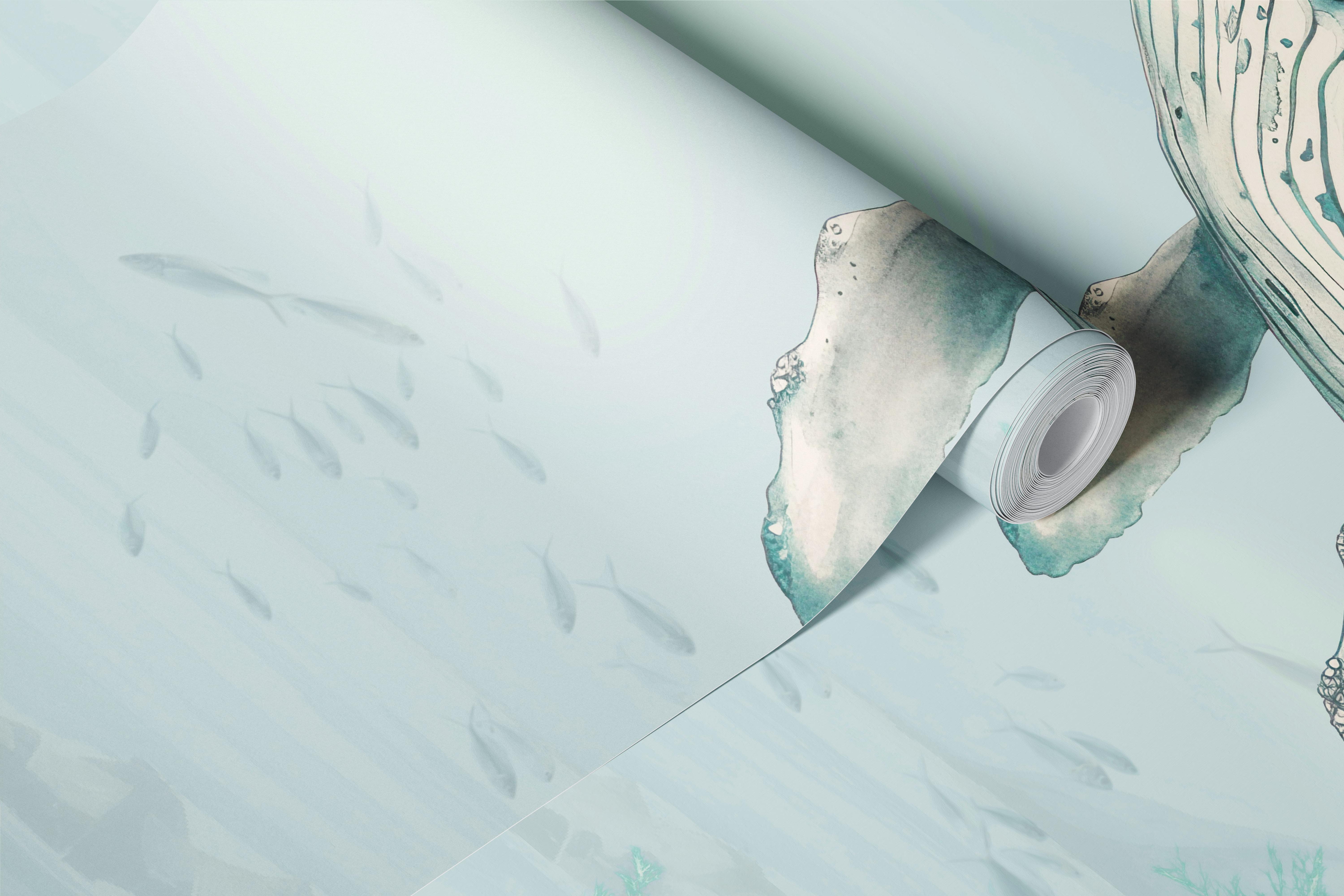 Ocean animal wallpaper in a soft blue room