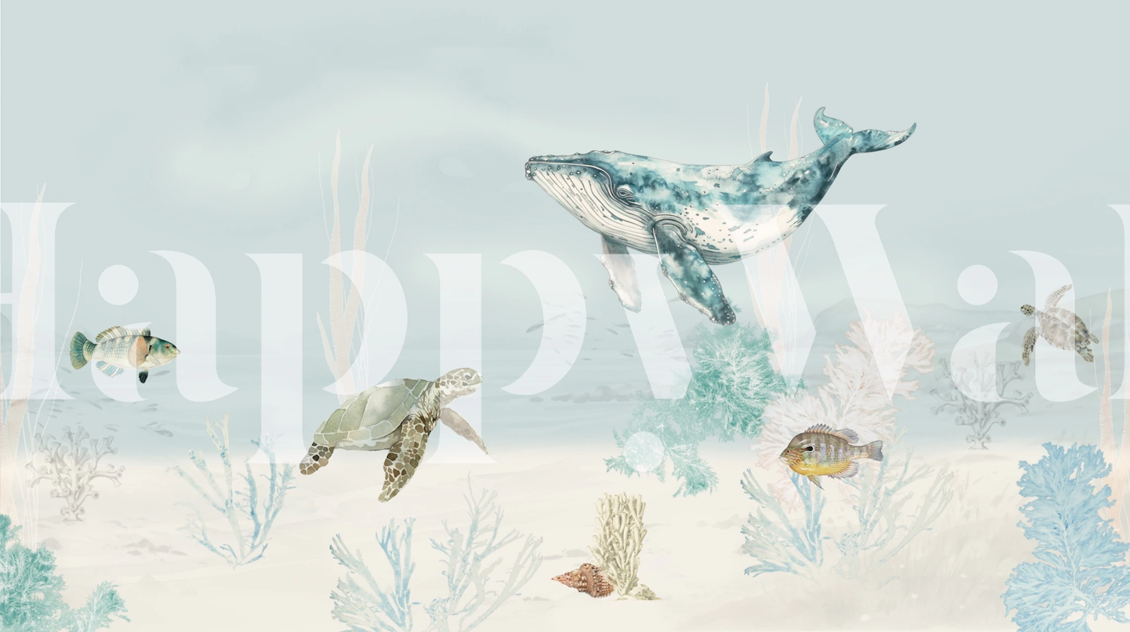 Ocean animal wallpaper in a soft blue room