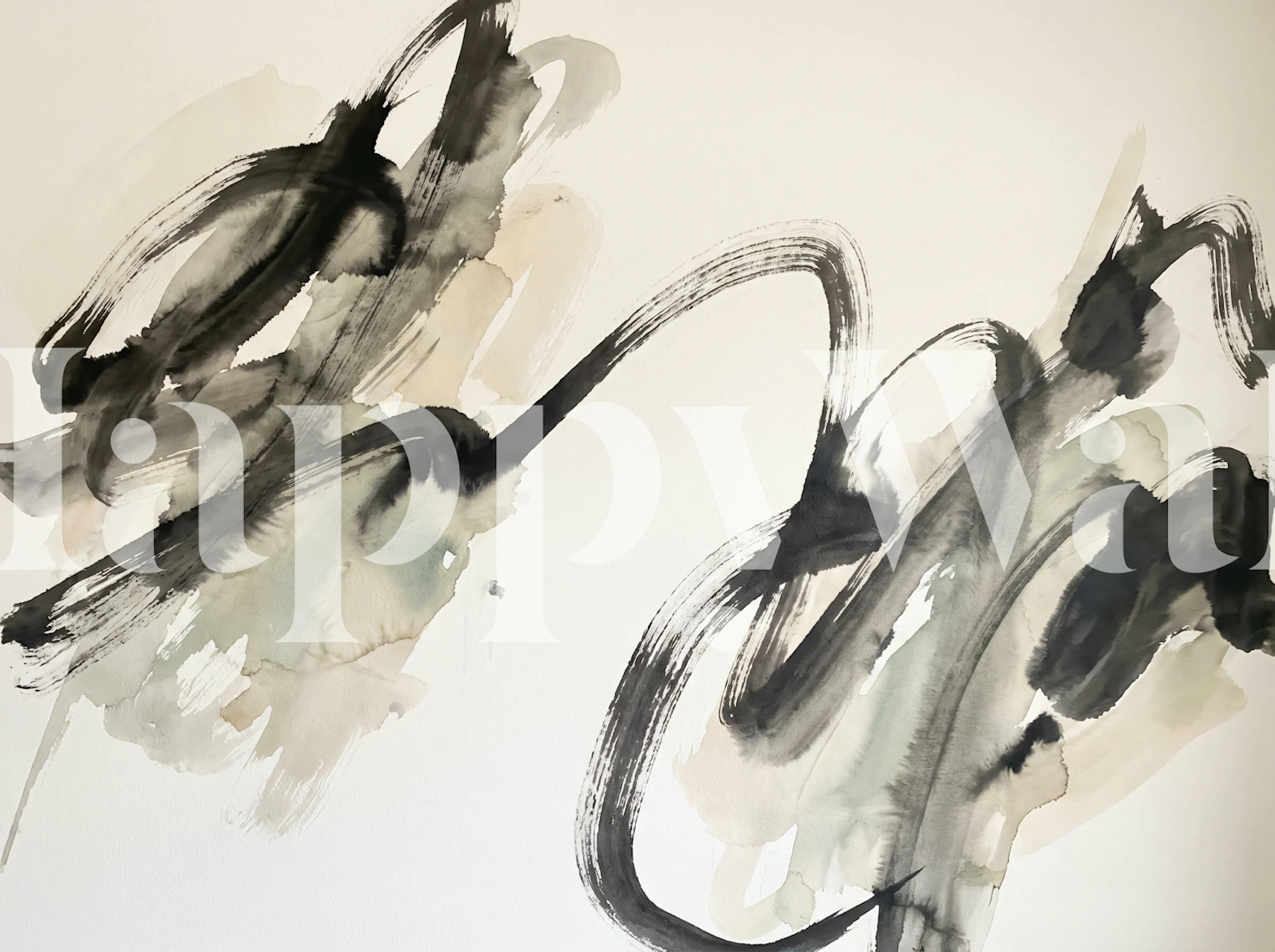 Abstract ink brushstroke wallpaper in a modern room