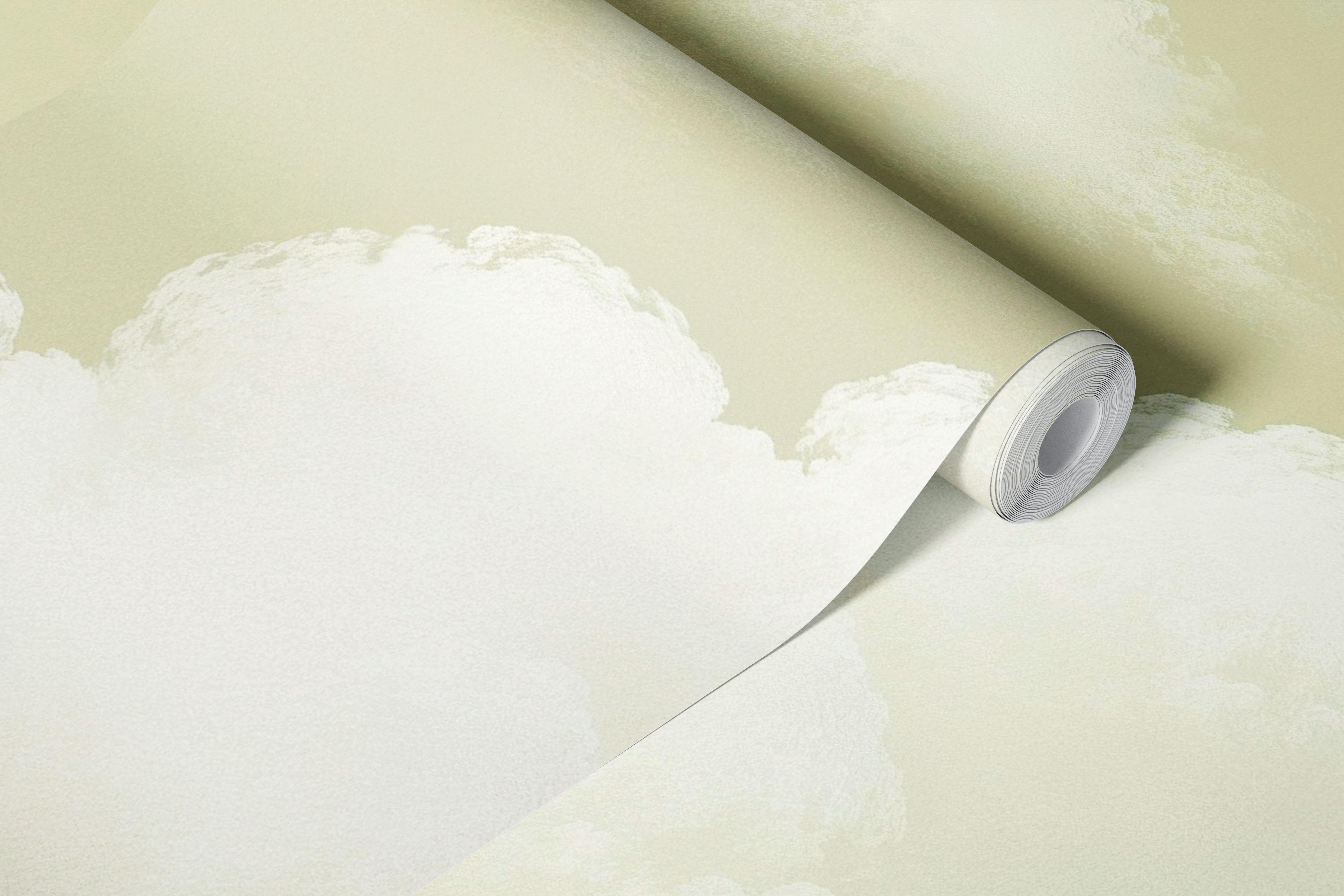 Fluffy white cloud wallpaper in an olive room