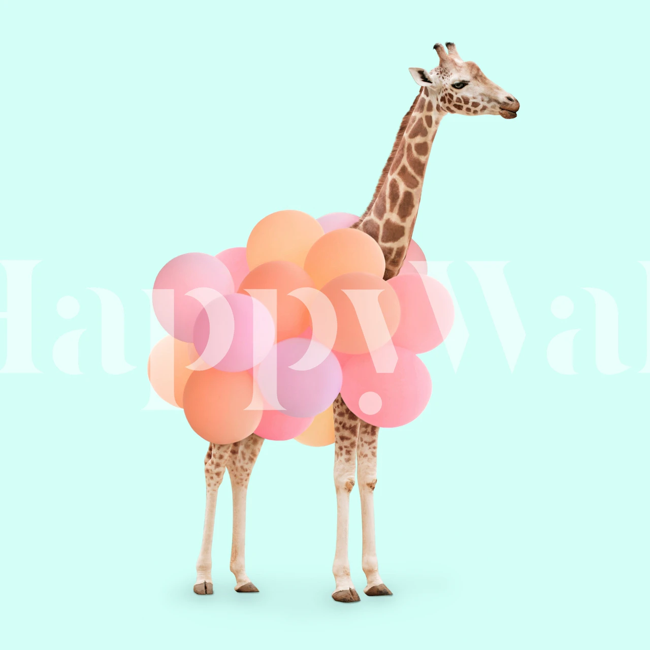 Giraffe with colorful pastel balloons on light blue wallpaper