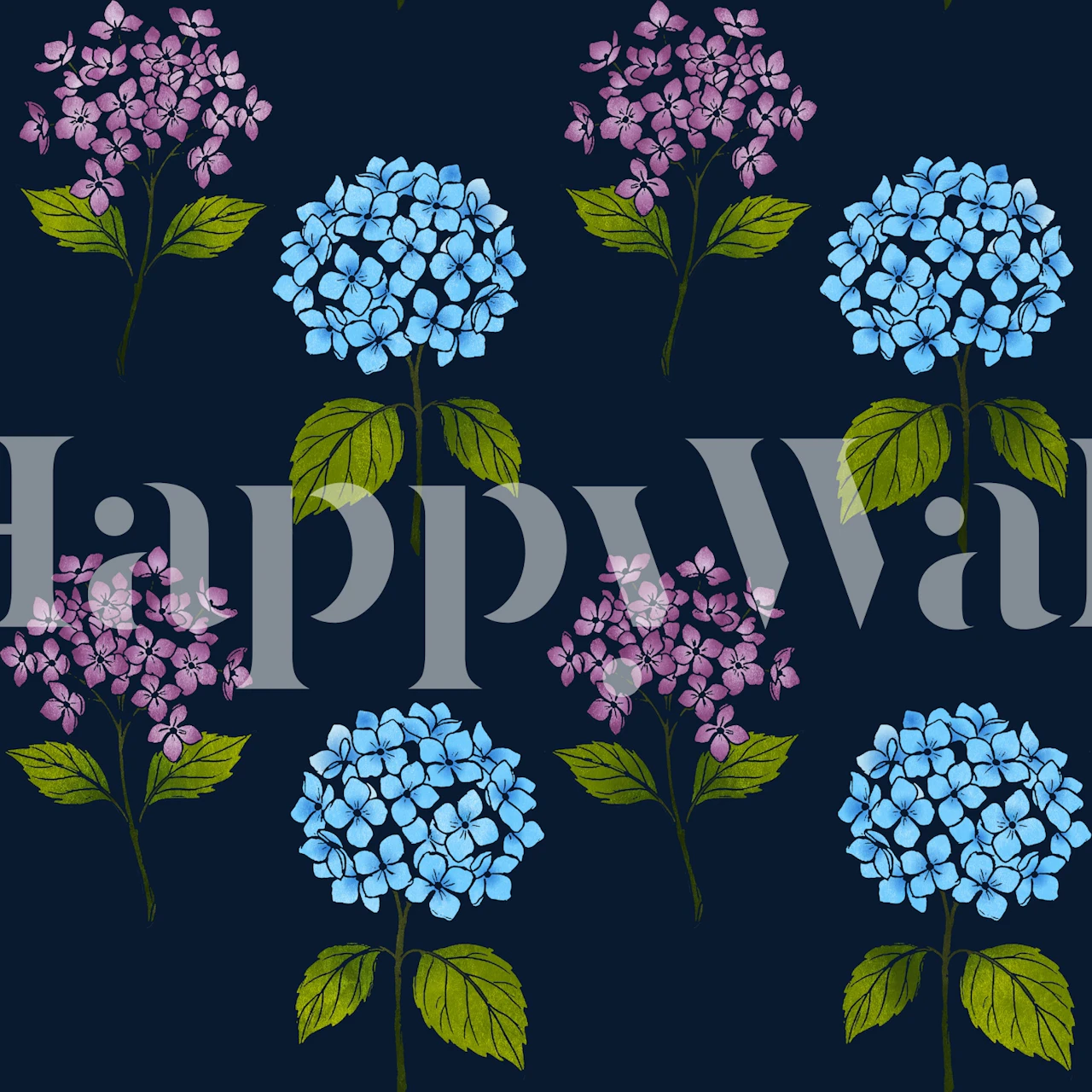 Blue and purple hydrangea wallpaper in a room