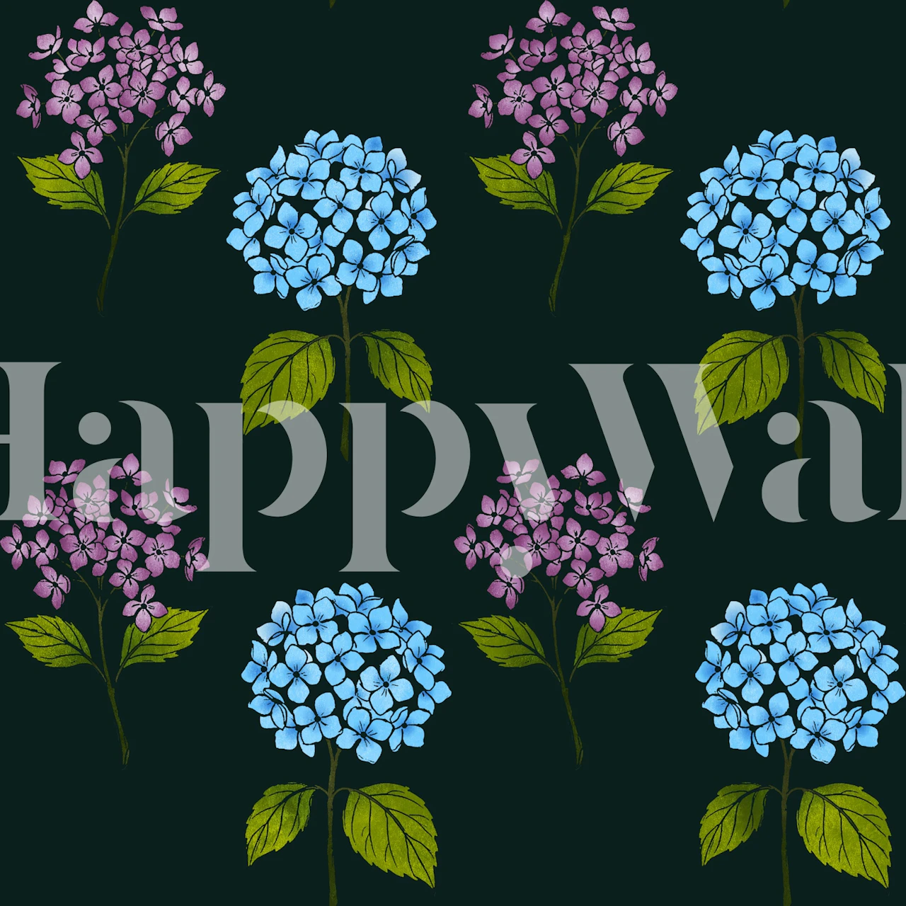 Blue and purple hydrangea wallpaper in a room