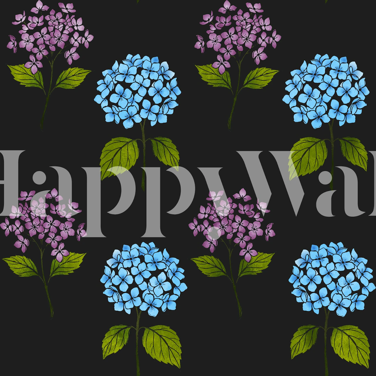 Blue and purple hydrangea wallpaper in a room