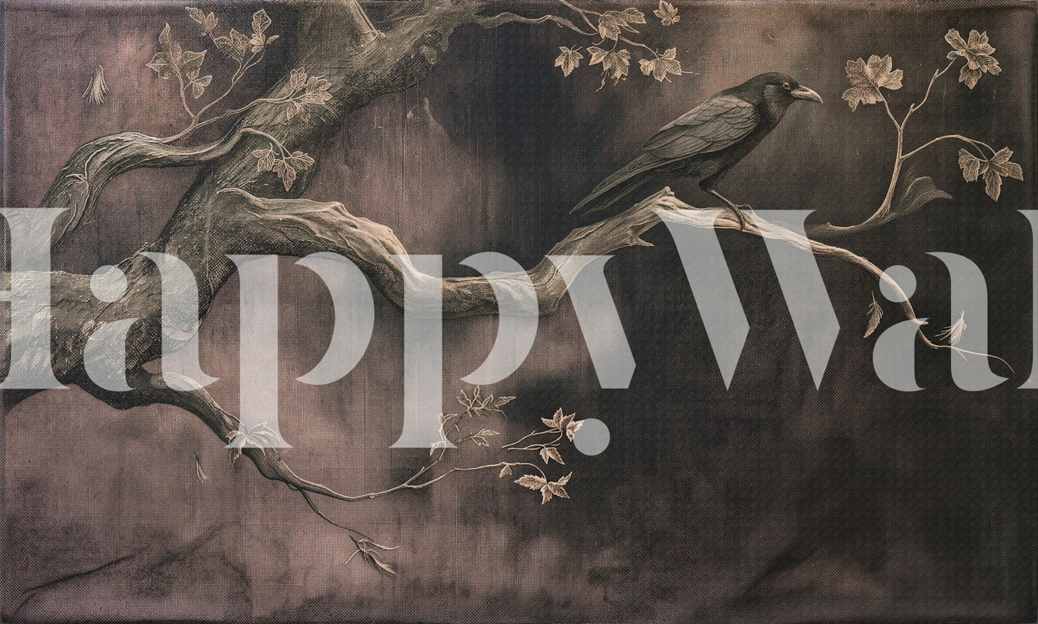 Dark raven wallpaper in a room with branch mural