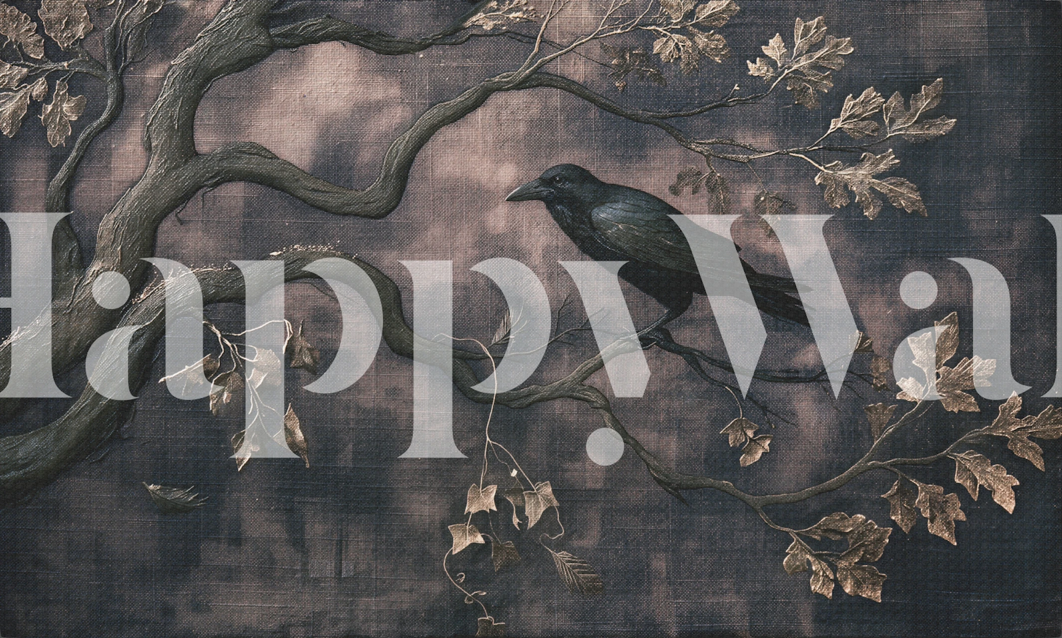 Black crow wallpaper in a dark room