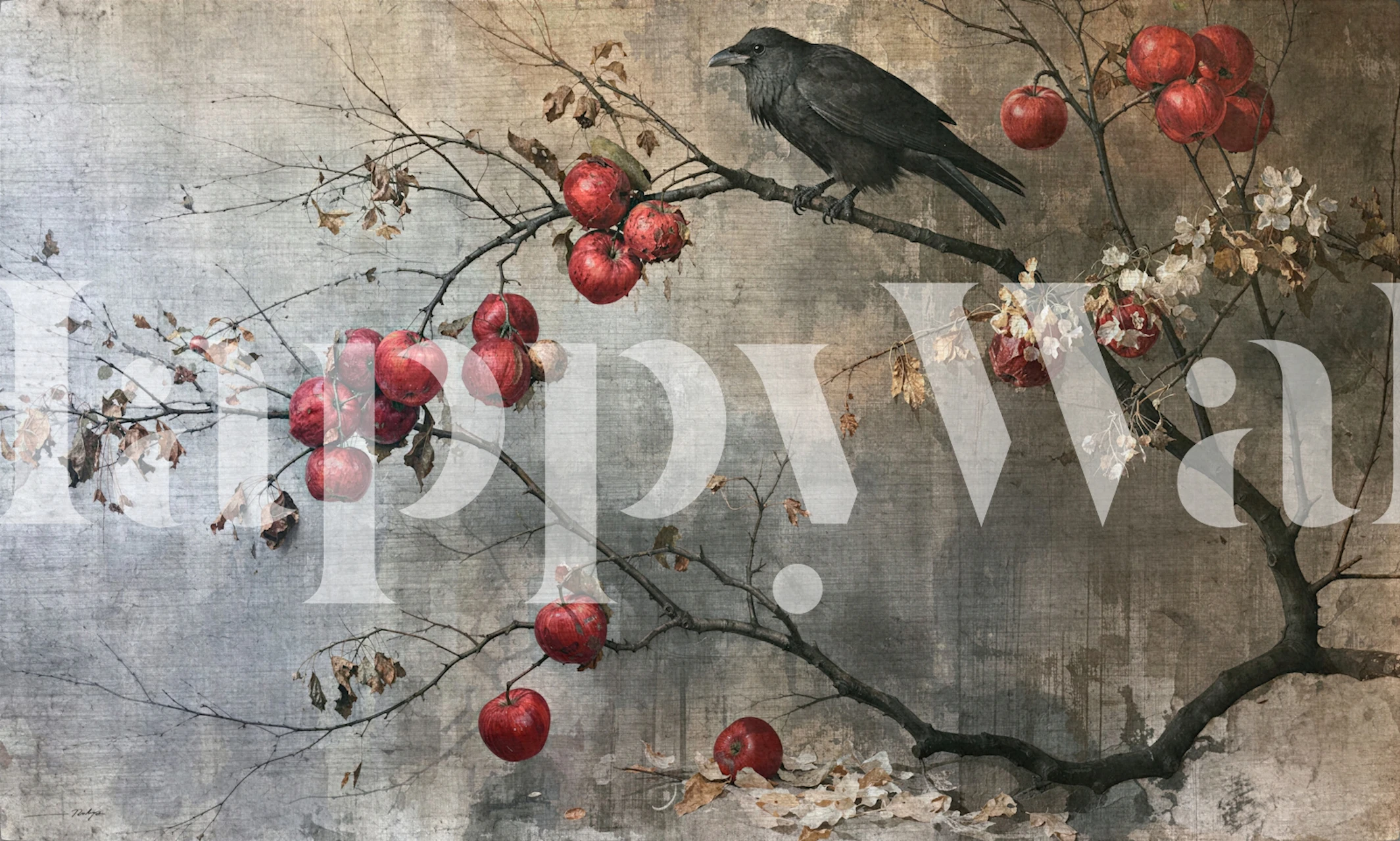 Raven wallpaper mural with red apples in a room