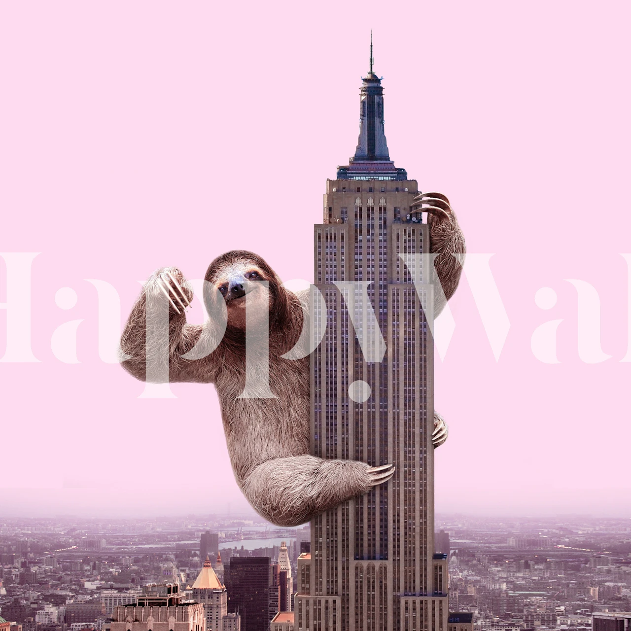 King Sloth wall mural with a sloth perched on a skyscraper