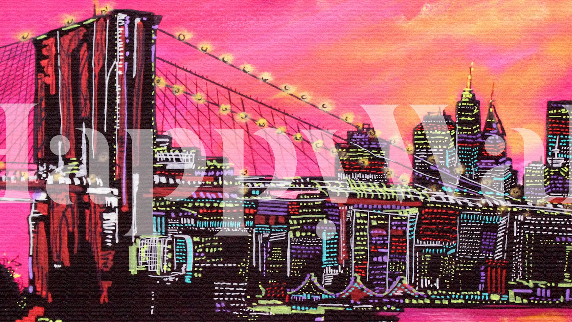 Brooklyn Bridge neon cityscape wallpaper in room