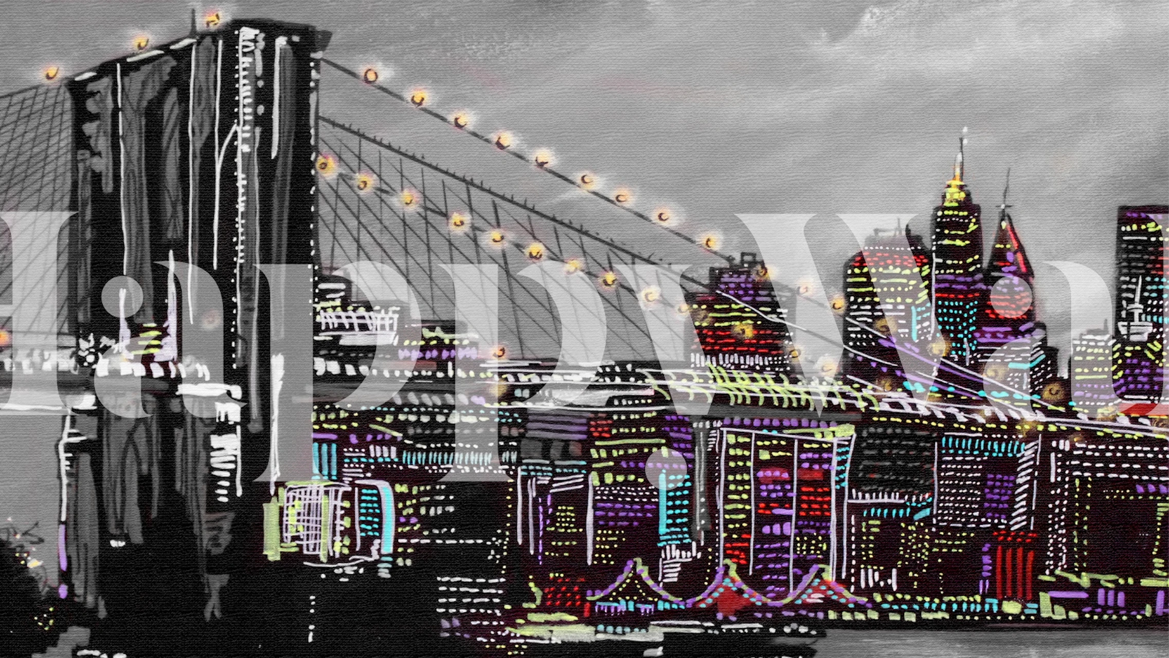 City lights wallpaper in a modern living room