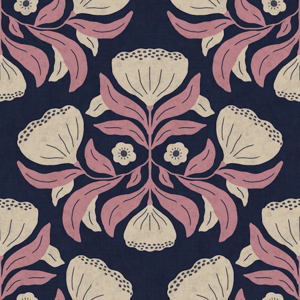 Navy Folk Floral Damask