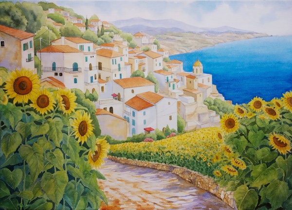 Serene Ocean and Sunflowers