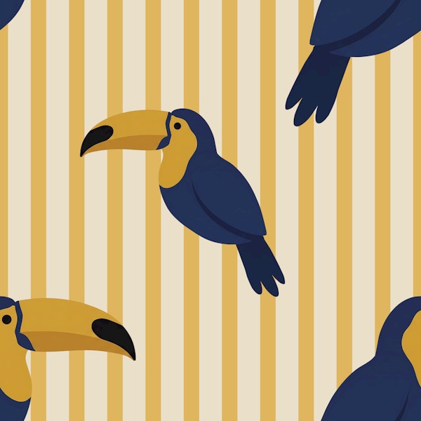Navy toucans on mustard stripes
