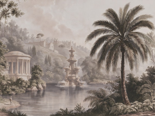 Sepia palm tree lake landscape