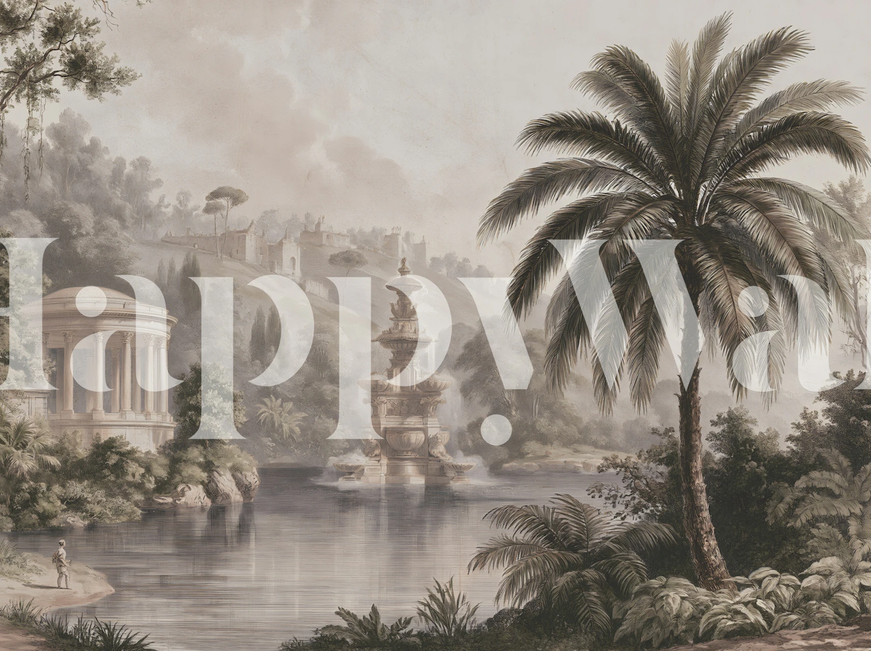 Sepia palm tree wallpaper in a classic room