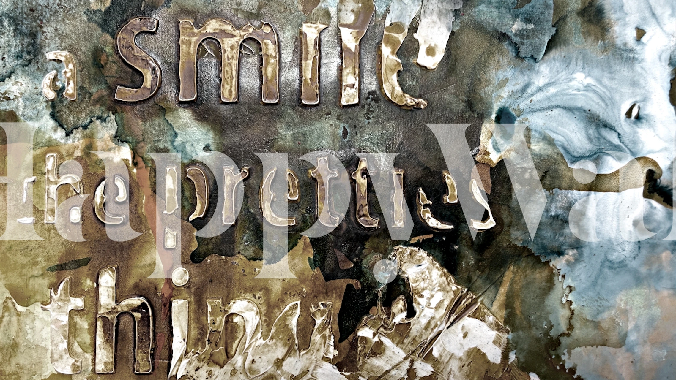 Slate blue grunge smile typography wallpaper in room