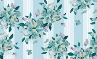 Hydrangae flowers on pale blue stripes wallpaper