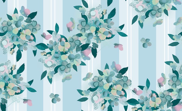 Hydrangae flowers on pale blue stripes