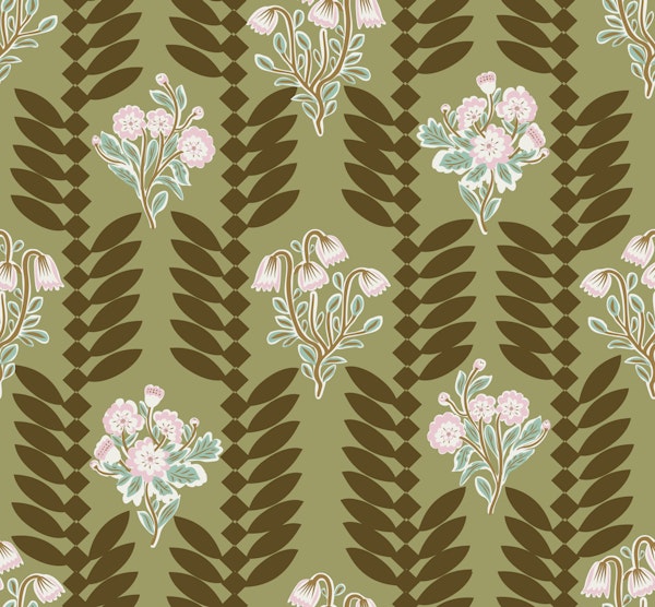 Olive Green Leaf Lattice With Blossoms