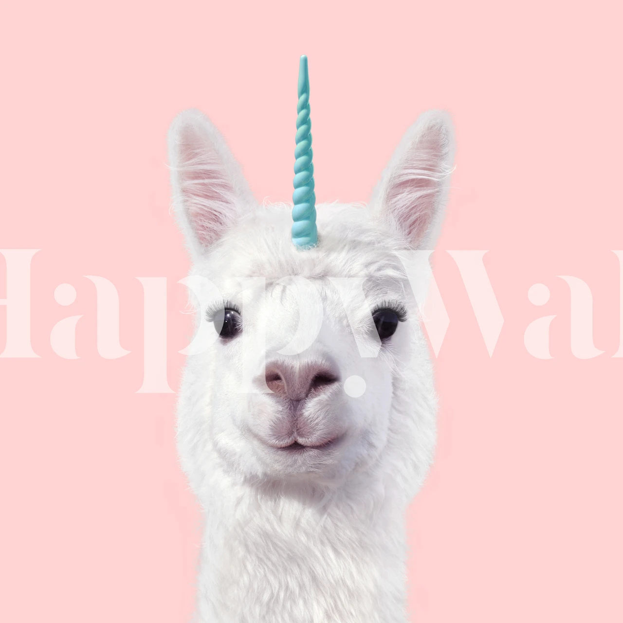Unicorn alpaca with a teal horn on pink background wallpaper