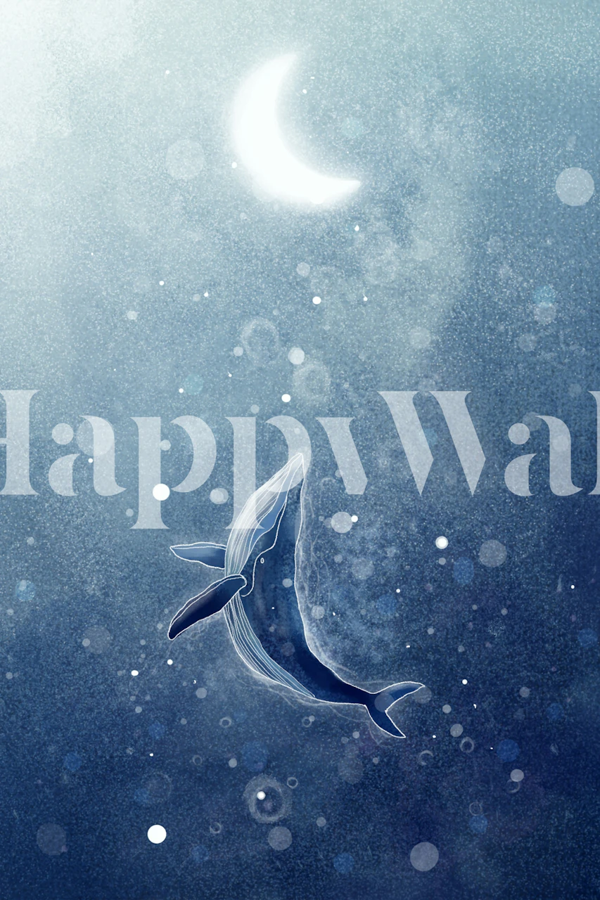 Navy blue whale wallpaper in a moonlit room