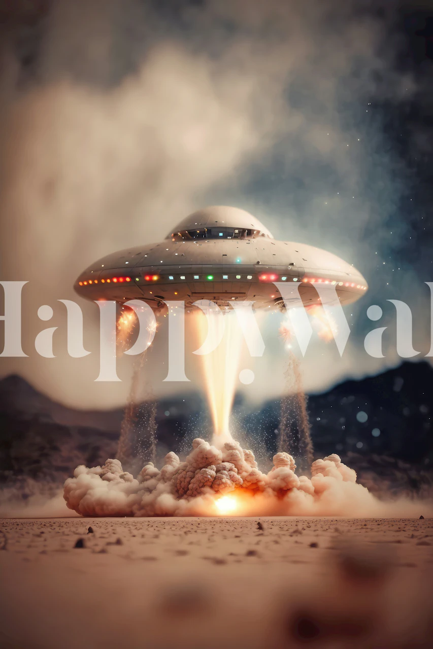 Silver flying saucer wallpaper in desert room