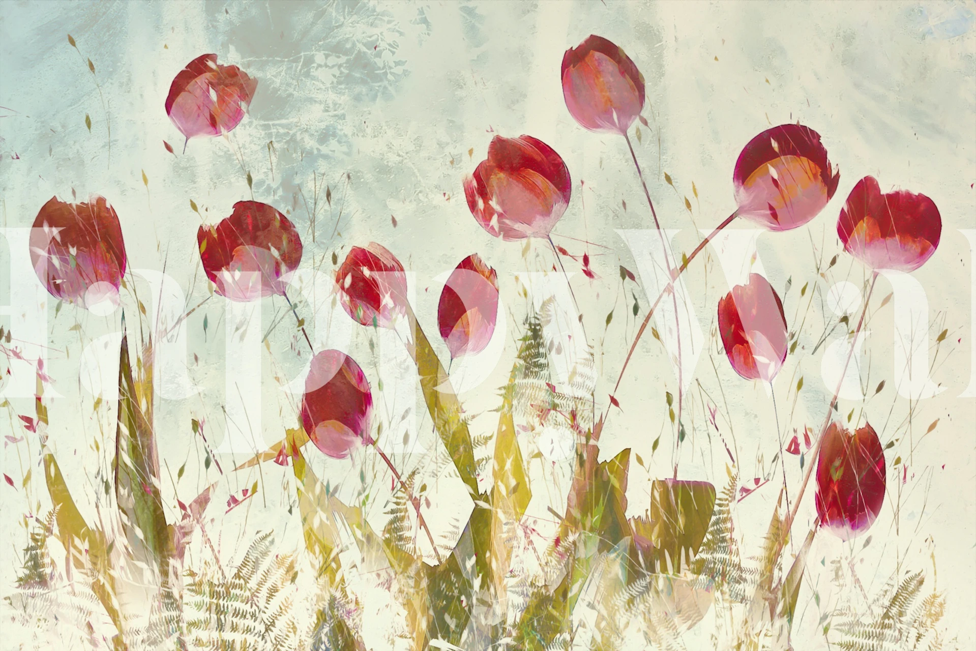 Red tulip wallpaper in an ivory room