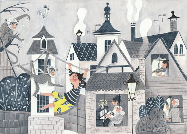 Grey village houses with monkeys