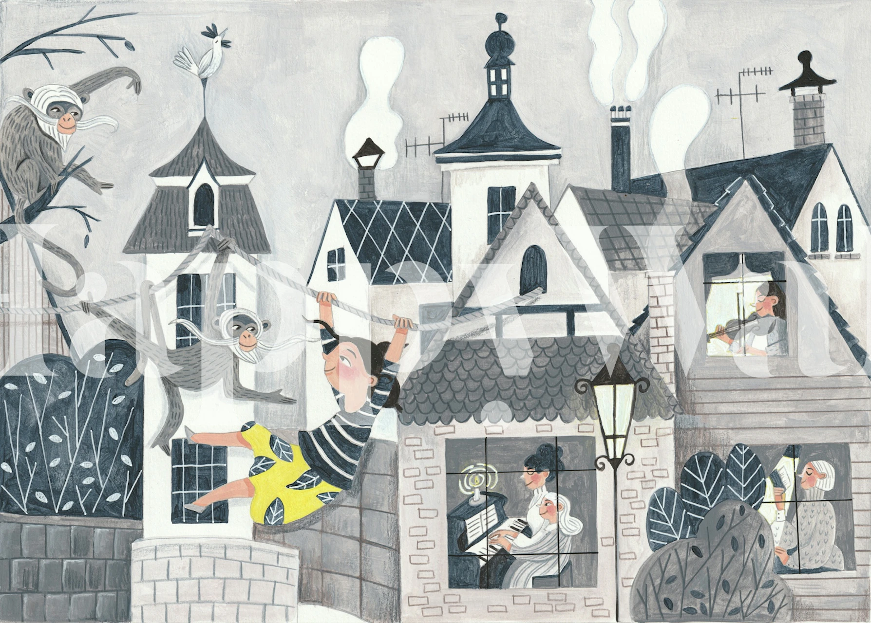 Grey village wallpaper with monkeys in a room