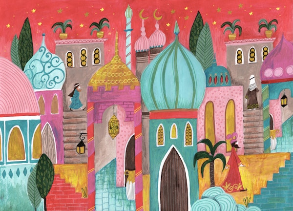 pink middle eastern city buildings