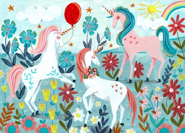 light blue unicorns and flowers