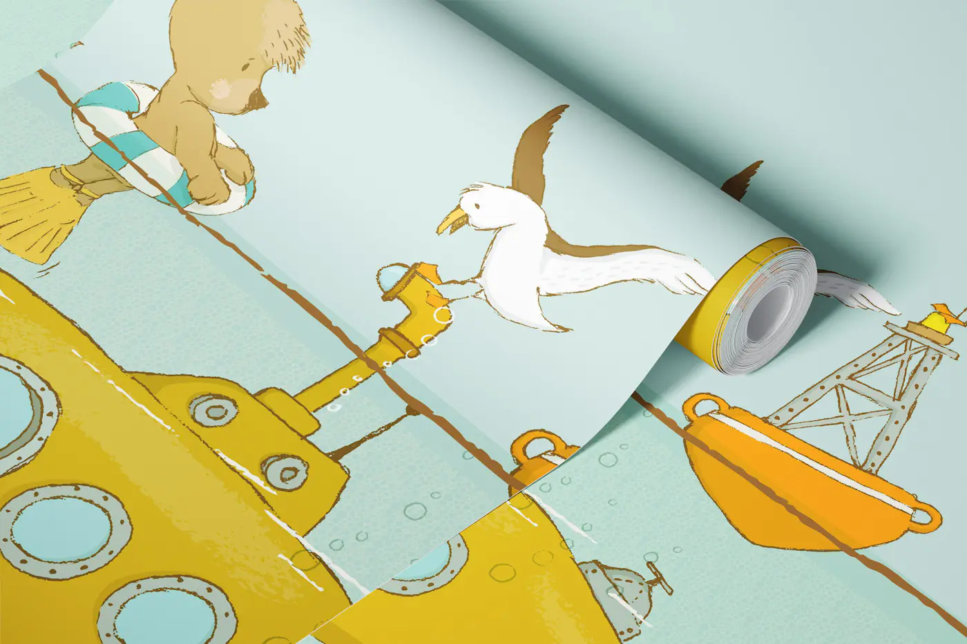 pale blue sea animals scene wallpaper roll