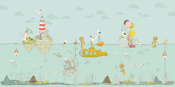 pale blue sea animals scene